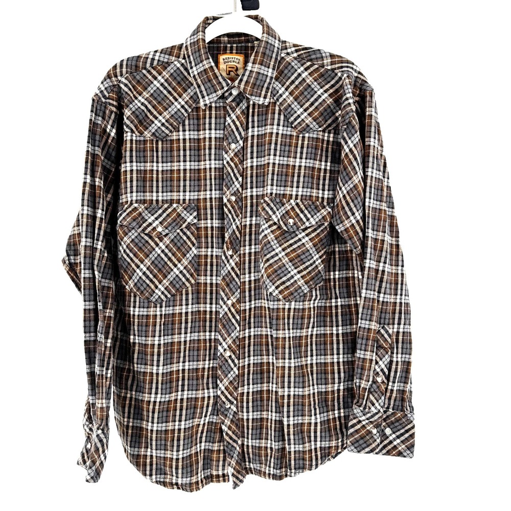 Resistol Double R Men's Pearl Snap Flannel Shirt Medium Brown Plaid Landman Work